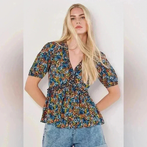 NWT Apricot Womens Watercolor Small (6) Floral Ruffle Elbow Length Sleeve 0055 - Picture 1 of 8